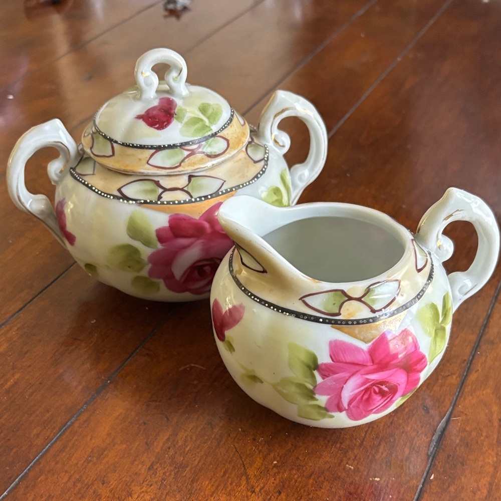 Antique Cream and Sugar Set with Pink Roses